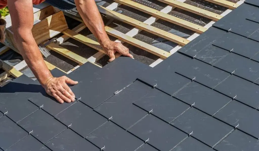 a man arranging the roofing shingles